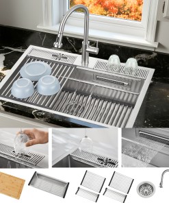 D-ZP30 FORNO ACQUA 33 in. Drop-In/Undermount 3-Level Workstation with Retractable Faucet & Glass Rinser