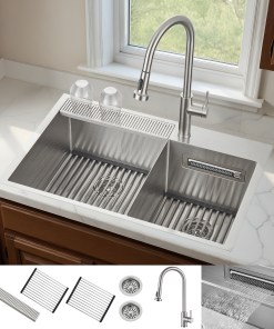 H-ZN30 FORNO ACQUA 33 in. Drop-In/Undermount 40/60 Double Bowl Sink with Retractable Faucet & Waterfall