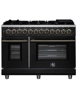 FFSGS6125-48BLK Forno Massimo 48 Inch Freestanding Dual Fuel Range in Black with Antique Brass Accessories, 8 Burners, 6.58 cu. ft. Convection Oven