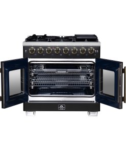 Alternative view of FFSGS6387-36BLK Forno Capriasca 36 Inch Freestanding French Door Dual Fuel Range in Black with Antique Brass Accessories, 6 Burners, True Convection Oven