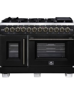 FFSGS6387-48BLK Forno Capriasca 48 Inch Freestanding French Door Dual Fuel Range in Black with Antique Brass Accessories, 8 Burners, True Convection Oven