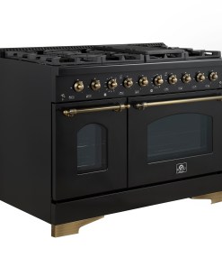 Alternative view of FFSGS6113-48BLK Forno Antico 48-Inch Dual Fuel Range, Black with Antique Brass Finish, 8 Burners, 94,000 BTU, 5.5 cu.ft. Double Ovens & Griddle