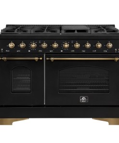 FFSGS6113-48BLK Forno Antico 48-Inch Dual Fuel Range, Black with Antique Brass Finish, 8 Burners, 94,000 BTU, 5.5 cu.ft. Double Ovens & Griddle