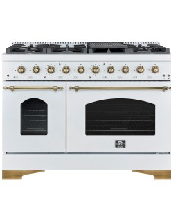 FFSGS6113-48WHT Forno Antico 48-Inch Dual Fuel Range, White with Antique Brass Finish, 8 Burners, 94,000 BTU, 5.5 cu.ft. Double Ovens & Griddle