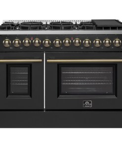 FFSGS6156-48BLK Galiano 48-inch Dual Fuel Range Black & Antique Brass Design with 8 Sealed Burners 107,000 BTU, 6.58 cu. ft. double ovens & Griddle