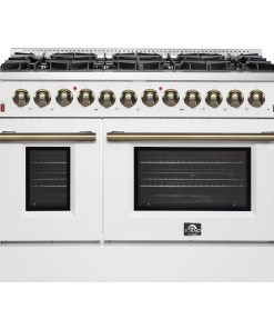 FFSGS6156-48WHT Galiano 48-inch Dual Fuel Range White & Antique Brass Design with 8 Sealed Burners 107,000 BTU, 6.58 cu. ft. double ovens & Griddle