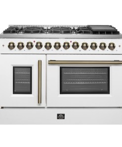 FFSGS6356-48WHT Forno Galiano 48-inch French Door Dual Fuel Range, White & Antique Brass Design, 8 Sealed Burners - 107,000 BTU, Griddle, 6.58 cu.ft. Double Ovens