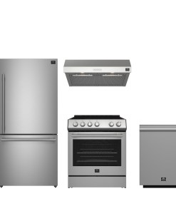 FBDL-006-01CA FORNO Premium 4-Piece Kitchen Bundle - Leonardo Espresso 30" Stainless Steel Range, 30" Stainless Steel Range Hood, 31" Stainless Steel Refrigerator, 24" Stainless Steel Dishwasher - FBDL-006-01CA