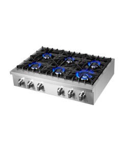 FCTGS5737-36 Table de cuisson à gaz de style professionnel Forno Cossato Alta Qualita de 36 pouces, acier inoxydable, 6 brûleurs scellés, puissance totale de 83000 BTU, grilles continues en fonte