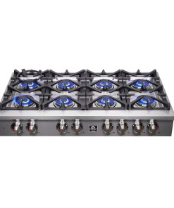 Table de cuisson à gaz de style professionnel Forno Spezia Alta Qualita de 48 pouces, acier inoxydable, 8 brûleurs scellés, grilles continues en fonte, puissance thermique élevée