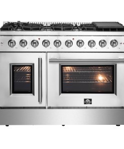 FFSGS6444-48 Forno Galiano 48-Inch Freestanding French Door Gas Range, 8 Burners, Griddle, Convection Oven, Energy Efficient