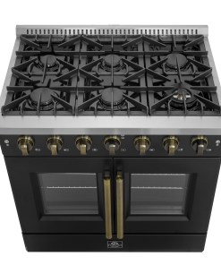 Alternative view of FFSGS6444-36BLK Forno Galiano 36-inch French Door Gas Range Black and Antique Brass Design, 6 Sealed Burners 83,000 BTU, 5.36 cu.ft. Convection Oven