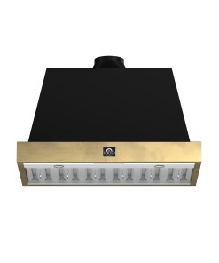 FRHWM5078-36BLK Forno Vittorio 36-Inch Wall Mount Range Hood, Black with Antique Brass Trim, 600 CFM Airflow, Dishwasher-Safe Baffle Filters, Remote Control, 3-Speed Fan, Bright LED Lighting.