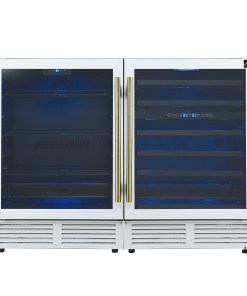 FWCDR6699-48WHT Forno Gemello 48 Inch Side-by-Side Wine and Beverage Cooler in White with Antique Brass Handles, French Door, 9.6 cu. ft.