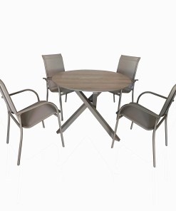 Deko Living 4 Piece Seating Champagne Outdoor Aluminum Round Patio Dining Table and Stackable Chairs Set COP30804