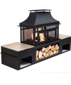 Deko Living Rimasco 80 Metal Wood Burner Fireplace with Side Storage Tables COB10504