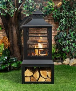 Deko Living Outdoor Steel Woodburner Fireplace with Cooking Grill & Log Storage Compartment COB10507