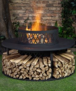 Deko Living 38 Inch Diameter Outdoor Steel Woodburning Fire Pit with Log Storage COB10509