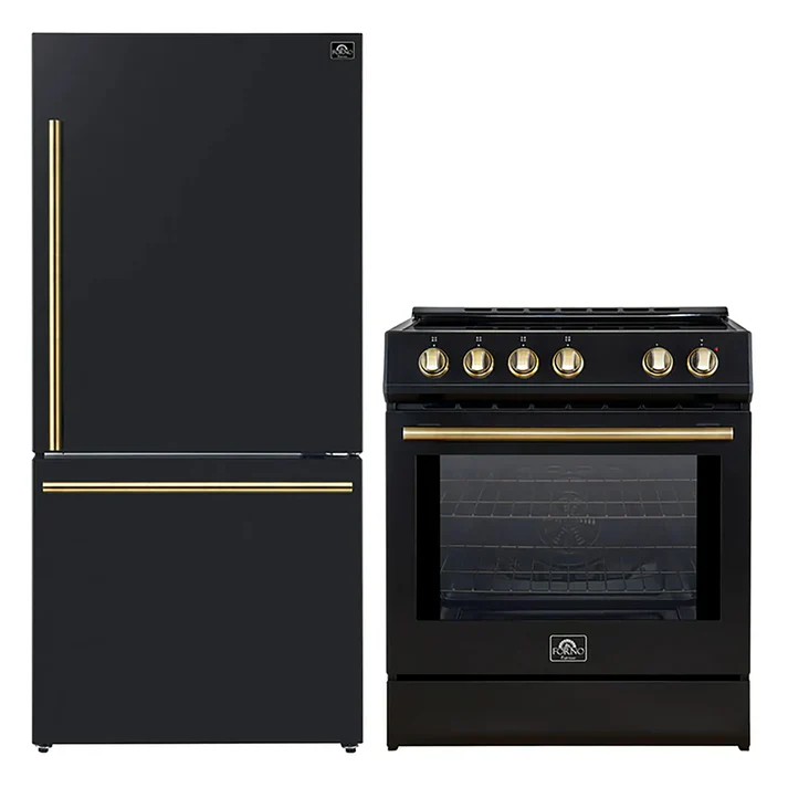 FORNO 2-Piece Black Kitchen Bundle - 30" Induction Range and 31" Bottom Freezer Refrigerator